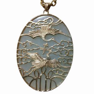 Jade Gold Tone Two Cranes Flight Sky Pendant Birds Vintage Longevity Harmony